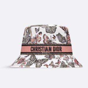 Christian Dior Bucket Hat In Toile de Jouy Mexico Motif Cotton White/Pink