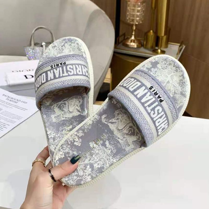Christian Dior Dway Slides Women Toile De Jouy Motif Cotton Grey - Image 2