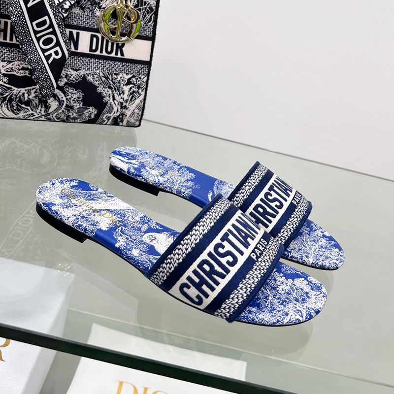 Christian Dior Dway Slides Women Toile De Jouy Motif Canvas Bright Blue - Image 2