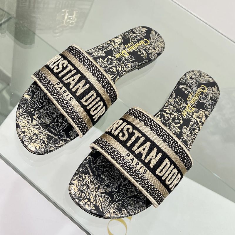 Christian Dior Dway Slides Women Toile de Jouy Mexico Motif Canvas Black - Image 2