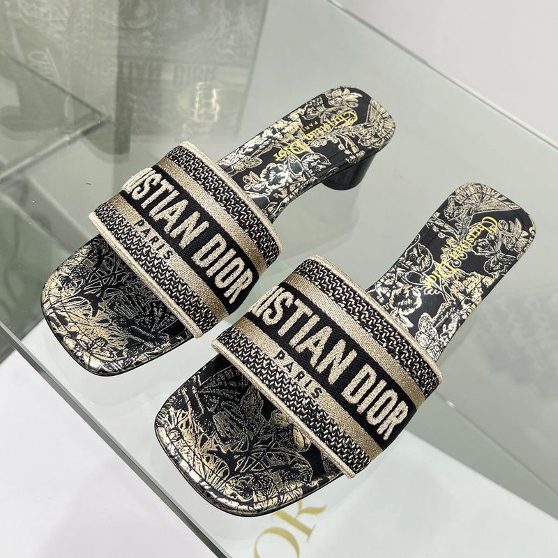 Christian Dior Dway Slides Women Toile de Jouy Mexico Motif Canvas Black - Image 4
