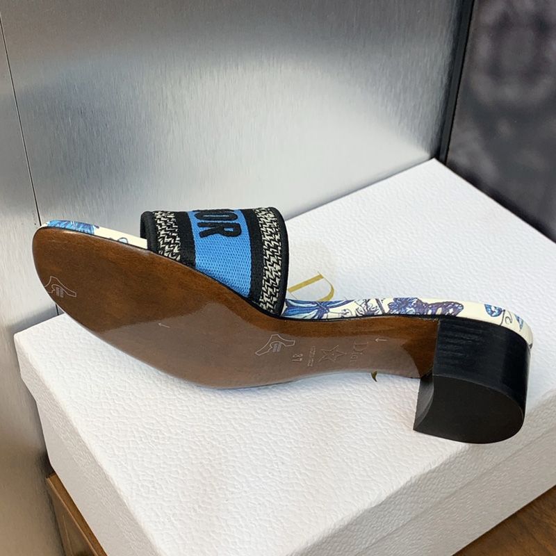 Christian Dior Dway Slides Women Toile de Jouy Mexico Motif Canvas White/Blue - Image 5