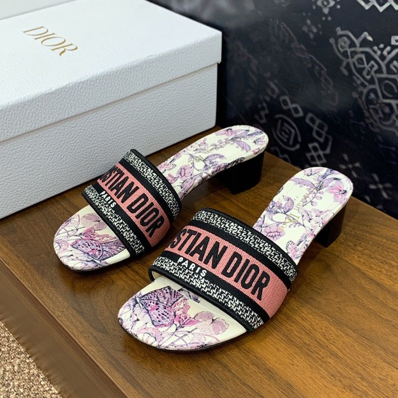 Christian Dior Dway Slides Women Toile de Jouy Mexico Motif Canvas White/Pink - Image 4