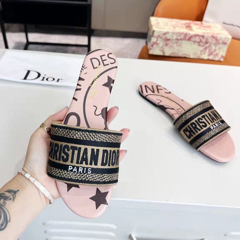 Christian Dior Dway Slides Women Jute Motif Canvas Pink - Image 2