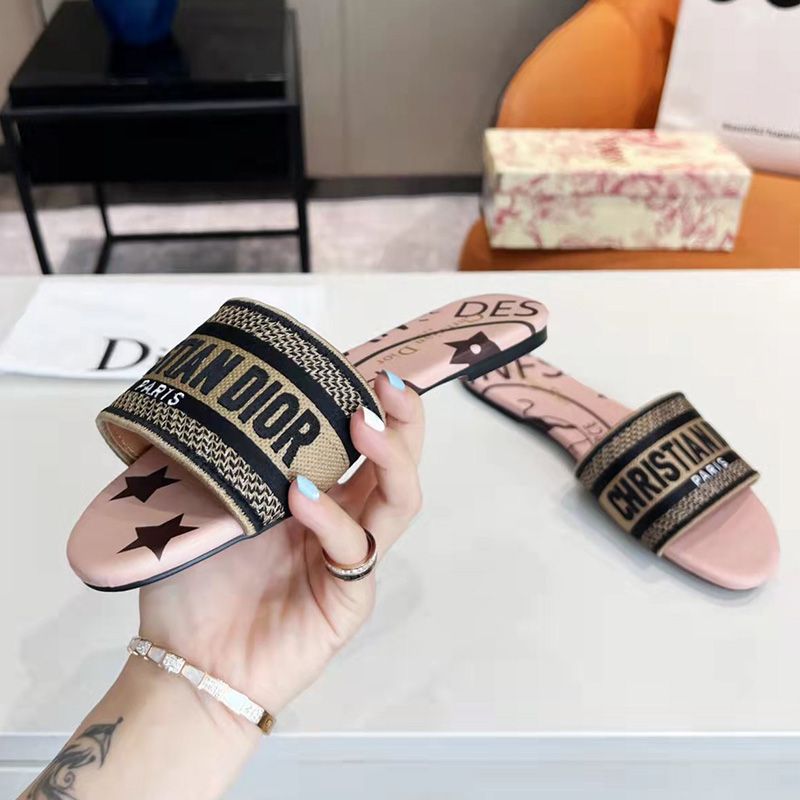 Christian Dior Dway Slides Women Jute Motif Canvas Pink - Image 3