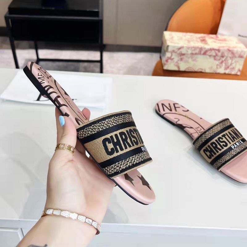 Christian Dior Dway Slides Women Jute Motif Canvas Pink - Image 4