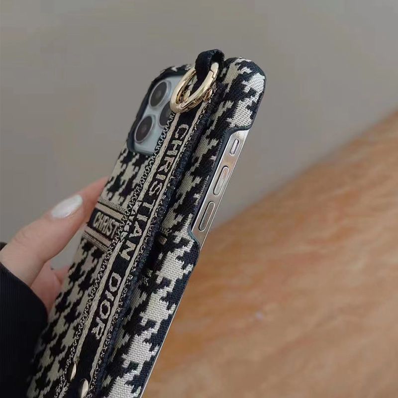 Christian Dior iPhone Case with Wrist Strap In Macro Houndstooth Embroidery Black - Image 2