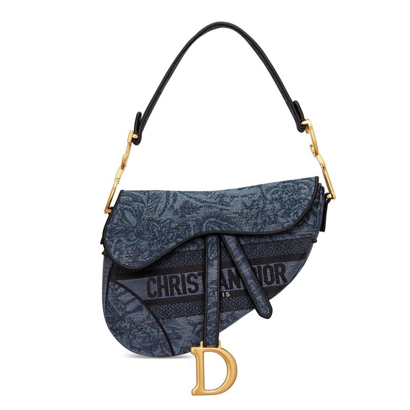 Christian Dior Saddle Bag In Toile de Jouy Motif Denim Navy Blue