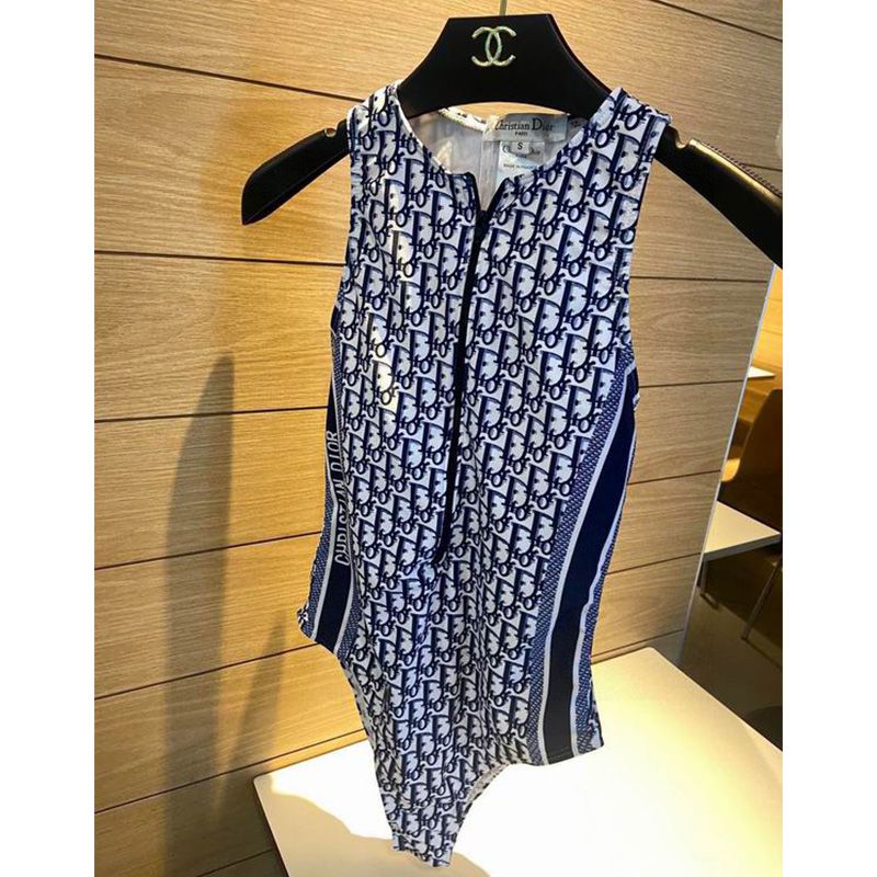 Christian Dior Sleeveless Bodysuit Women Oblique Motif Lycra Blue