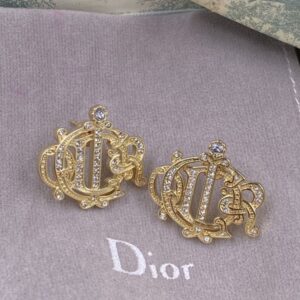 Christian Dior Vintage Insignia Earrings Metal with Crystals Gold