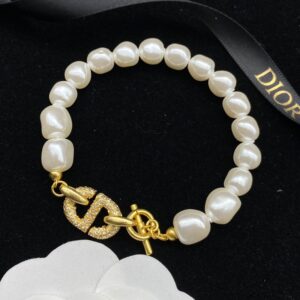 Dior CD Navy Bracelet Resin Pearls with Metal and CD Signature Embellished Crystals Gold