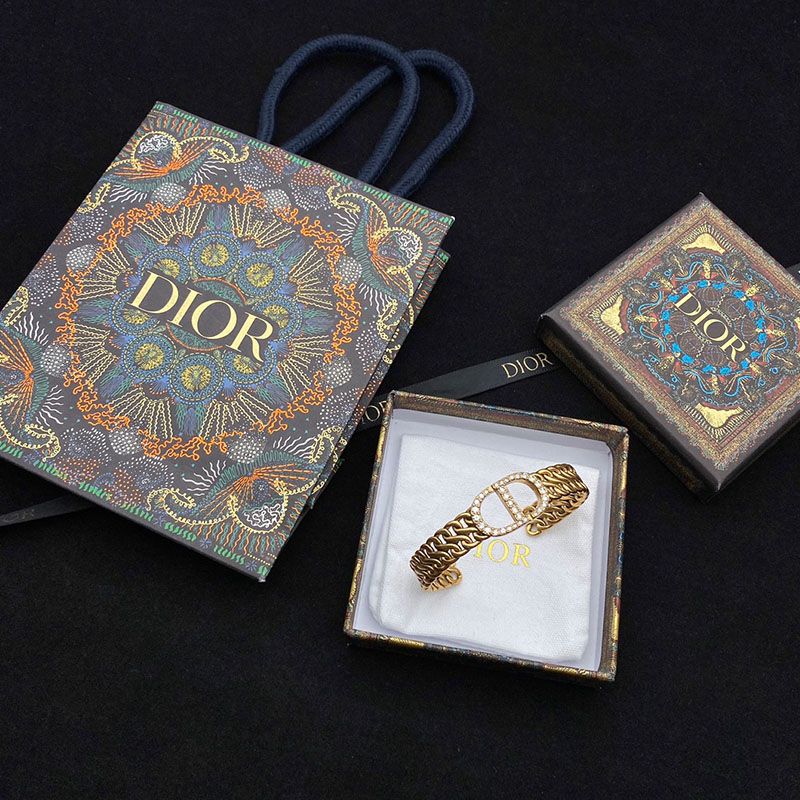 Dior 30 Montaigne Bangle Antique Metal with CD Signature Embellished Crystals Gold - Image 5
