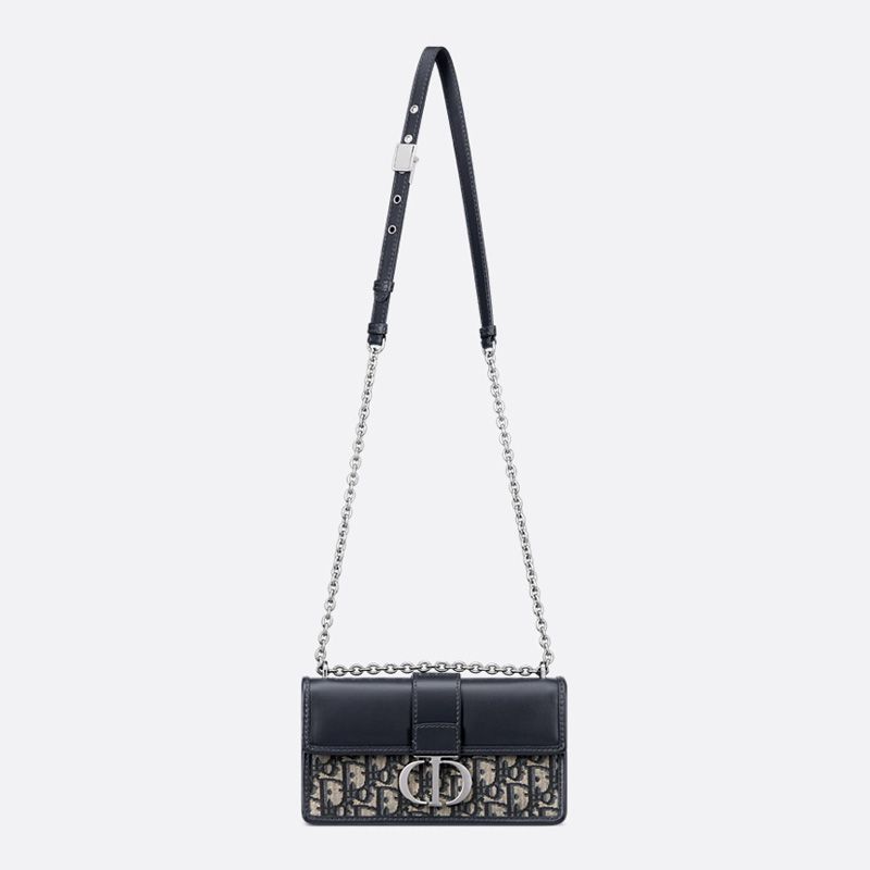 Dior 30 Montaigne East-West Bag With Chain In Oblique Motif Canvas and Smooth Calfskin Blue - Image 5