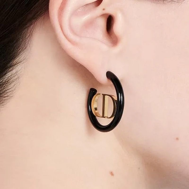 Dior 30 Montaigne Hoop Earrings Metal with Lacquer Gold/Black - Image 2