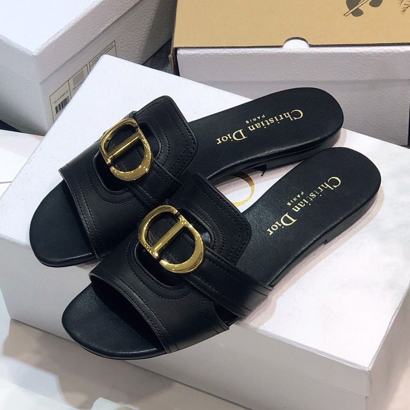 Dior 30 Montaigne Slides Women Calfskin Black/Gold - Image 2