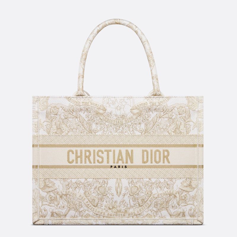 Dior Book Tote In Butterfly Around The World Motif Canvas White/Gold