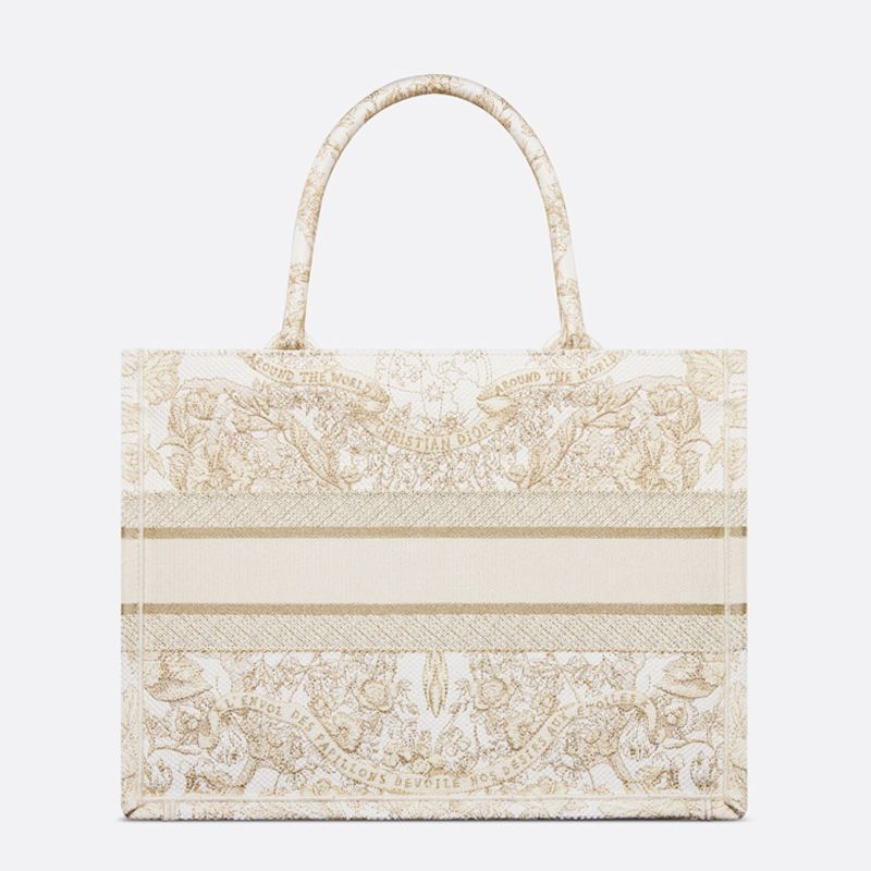 Dior Book Tote In Butterfly Around The World Motif Canvas White/Gold - Image 3