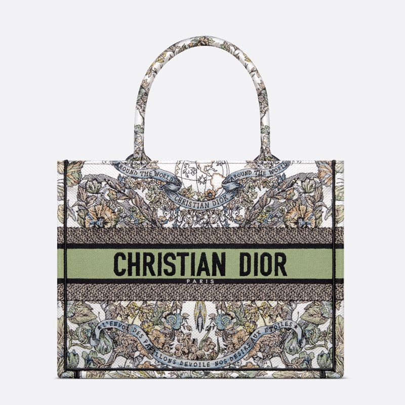 Dior Book Tote In Butterfly Around The World Motif Canvas White/Green