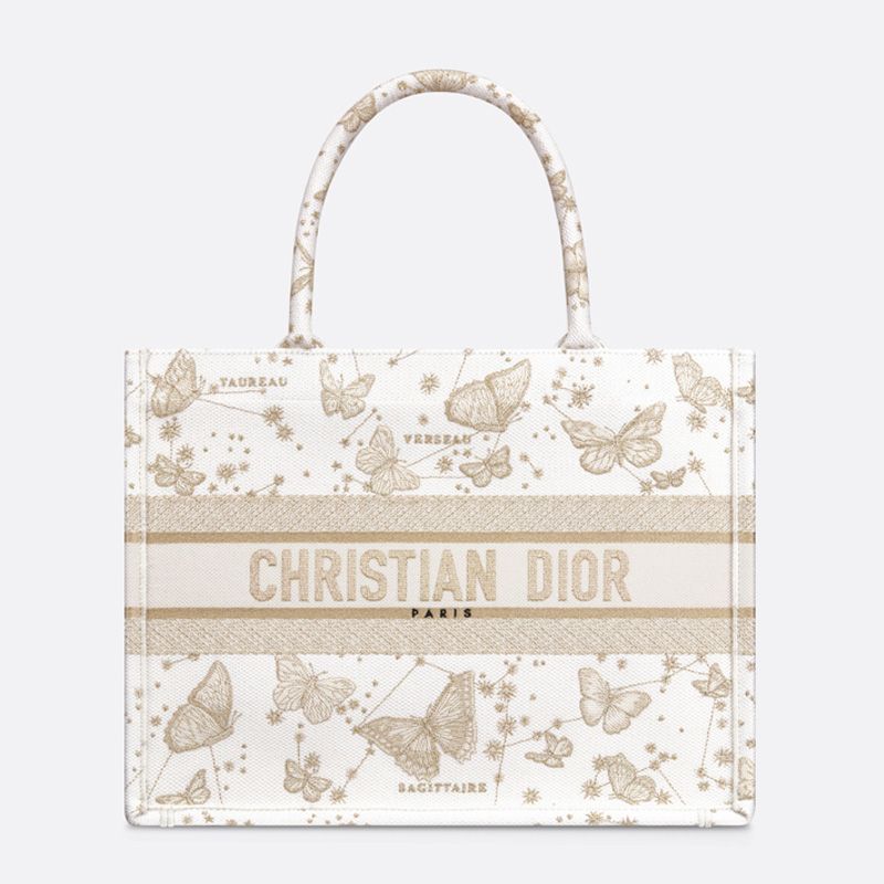 Dior Book Tote In Butterfly Zodiac Motif Canvas White/Gold