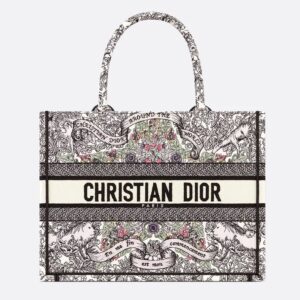 Dior Book Tote In Flowers Around the World Motif Canvas White