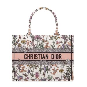 Dior Book Tote In Herbarium Motif Canvas White