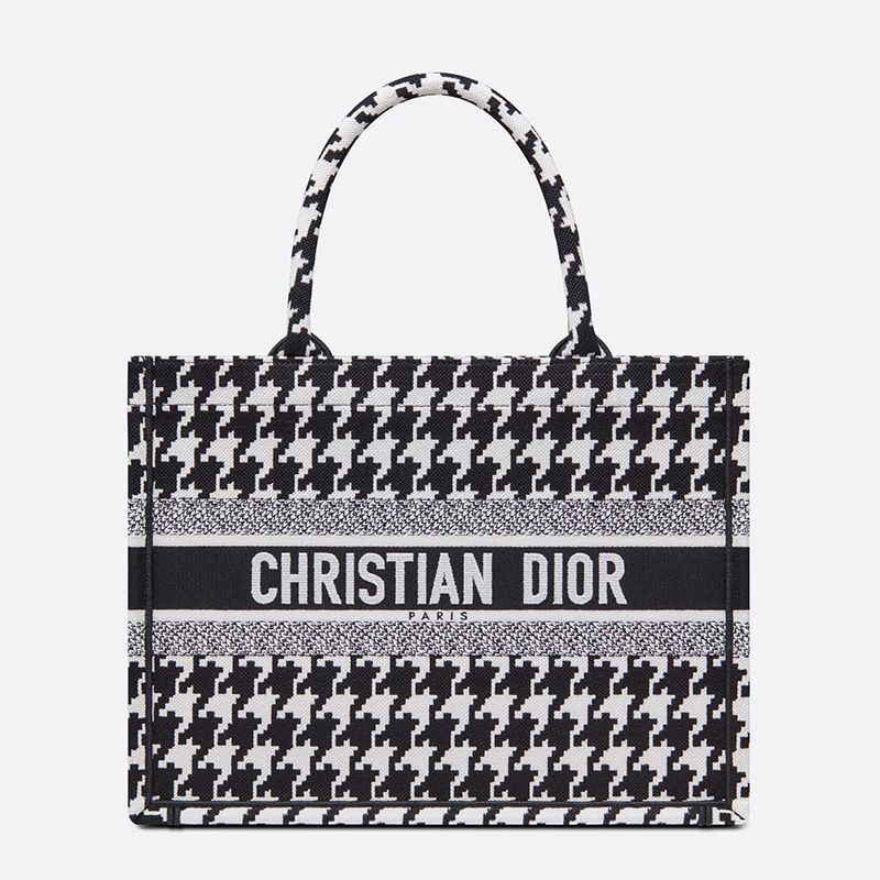 Dior Book Tote In Macro Houndstooth Motif Canvas Black