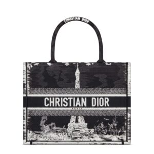 Dior Book Tote In Paris Eiffel Tower Motif Canvas Black