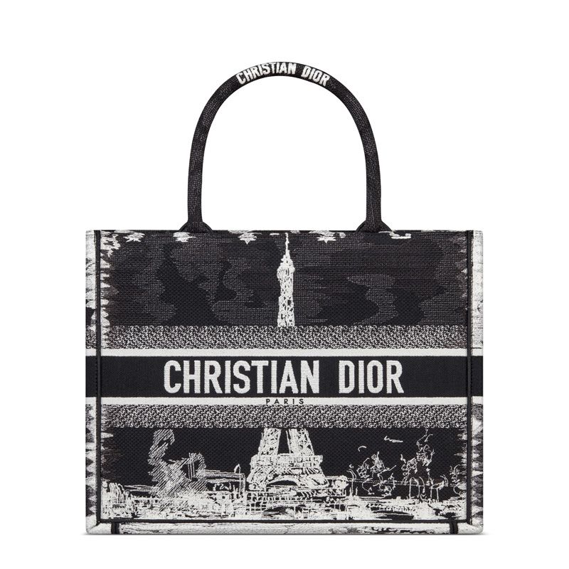 Dior Book Tote In Paris Eiffel Tower Motif Canvas Black