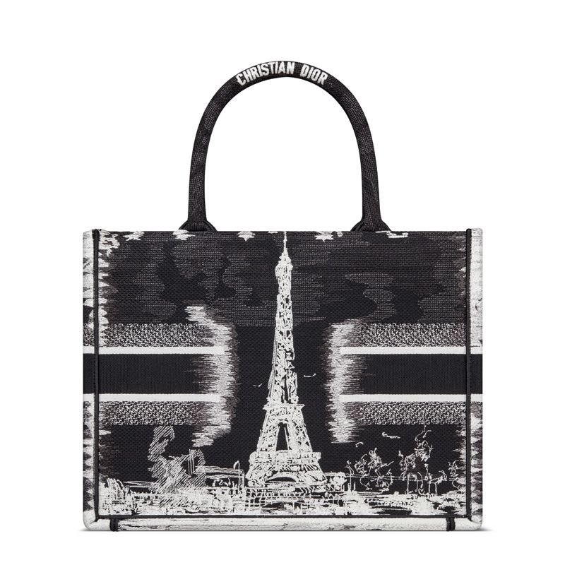 Dior Book Tote In Paris Eiffel Tower Motif Canvas Black - Image 2