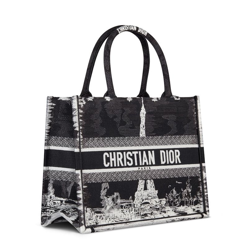 Dior Book Tote In Paris Eiffel Tower Motif Canvas Black - Image 3