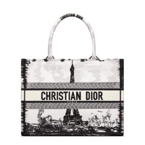 Dior Book Tote In Paris Eiffel Tower Motif Canvas White