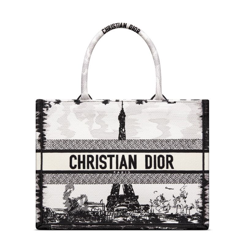 Dior Book Tote In Paris Eiffel Tower Motif Canvas White