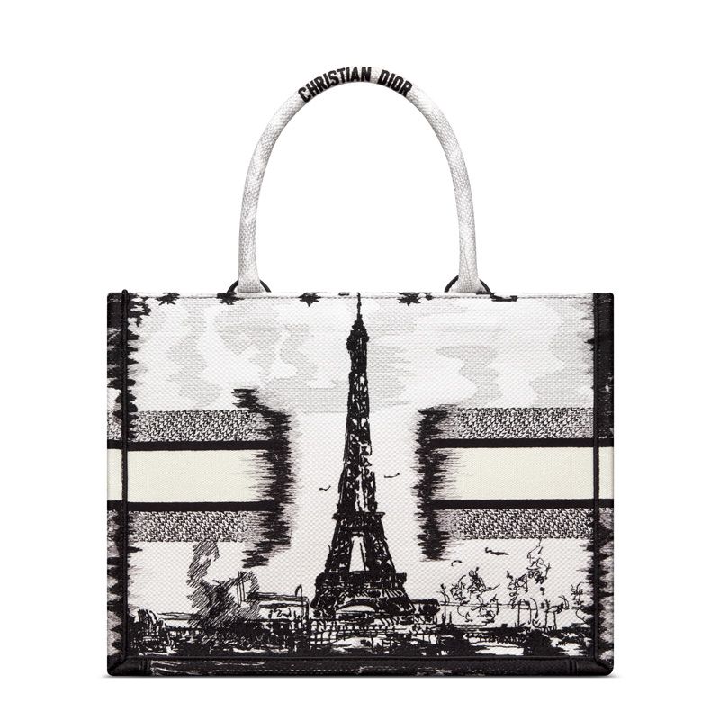 Dior Book Tote In Paris Eiffel Tower Motif Canvas White - Image 2