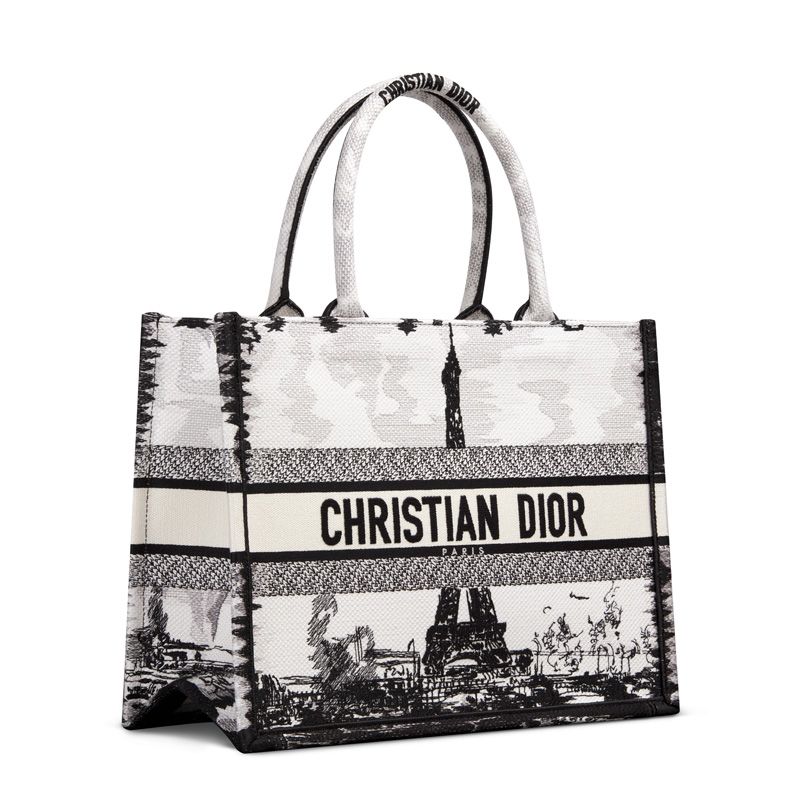 Dior Book Tote In Paris Eiffel Tower Motif Canvas White - Image 3
