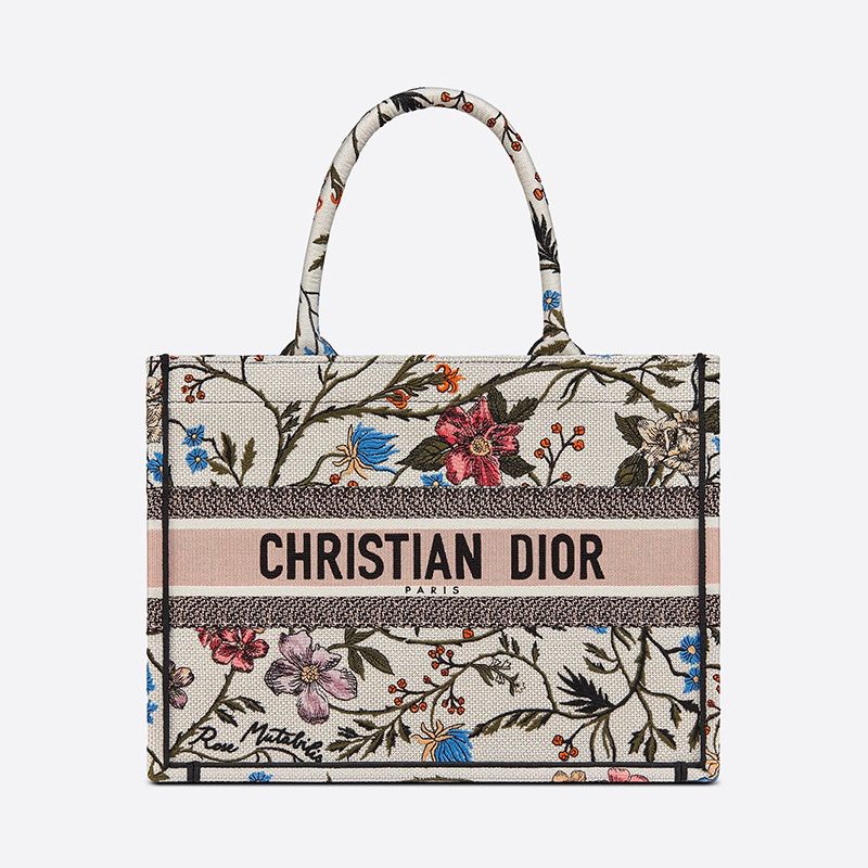Dior Book Tote In Rosa Mutabilis Motif Canvas White