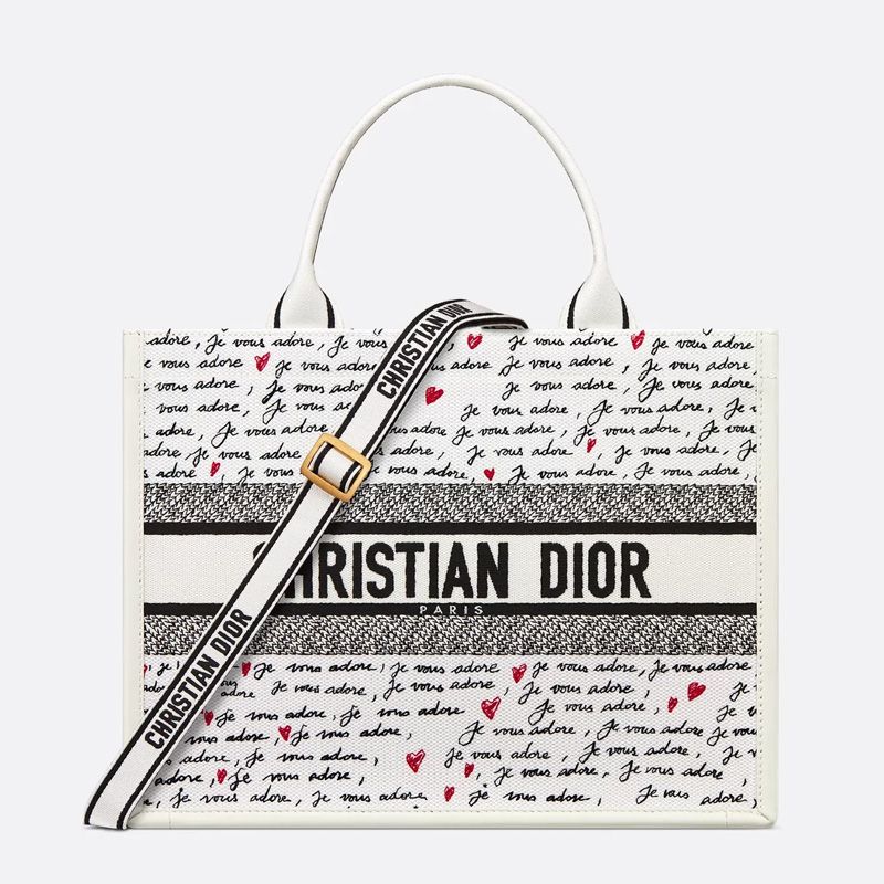 Dior Book Tote with Strap In Dioramour Je Vous Adore Motif Canvas White