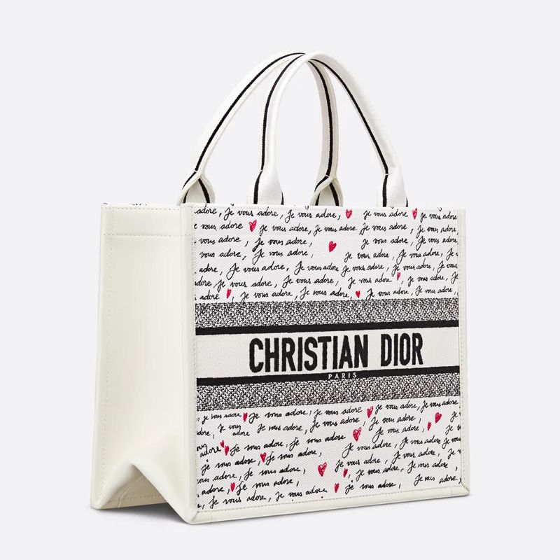 Dior Book Tote with Strap In Dioramour Je Vous Adore Motif Canvas White - Image 3