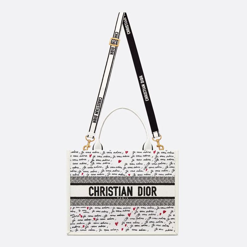 Dior Book Tote with Strap In Dioramour Je Vous Adore Motif Canvas White - Image 5