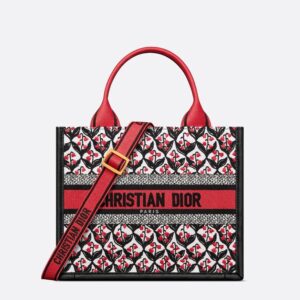 Dior Book Tote with Strap In Dioramour Lily Of The Valley Motif Canvas and Calfskin Red