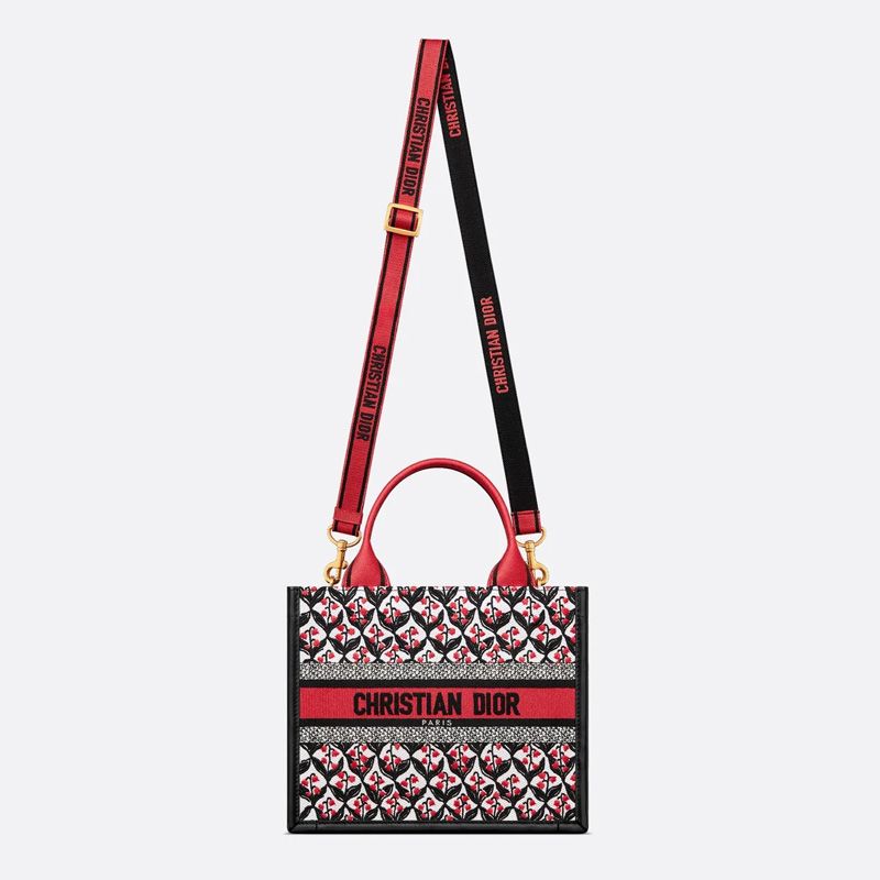 Dior Book Tote with Strap In Dioramour Lily Of The Valley Motif Canvas and Calfskin Red - Image 4