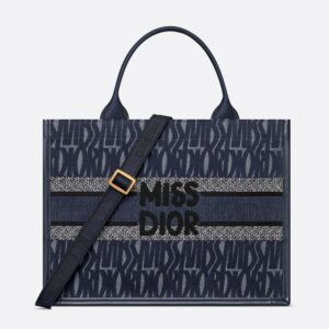 Dior Book Tote with Strap In Miss Dior Allover Motif Denim and Calfskin Blue