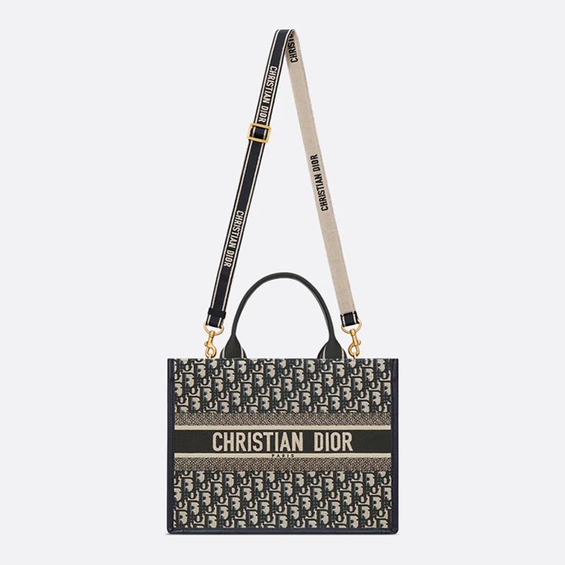 Dior Book Tote with Strap In Oblique Motif Canvas and Calfskin Blue - Image 5