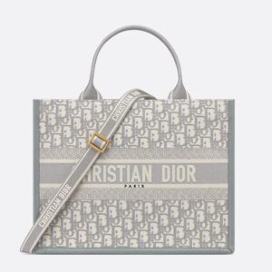 Dior Book Tote with Strap In Oblique Motif Canvas and Calfskin Grey