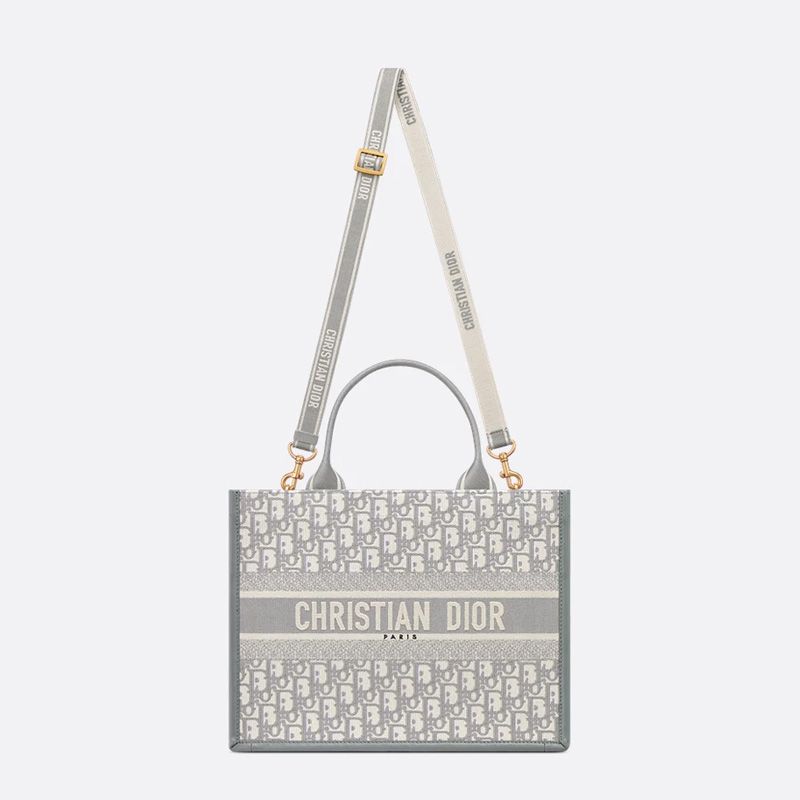 Dior Book Tote with Strap In Oblique Motif Canvas and Calfskin Grey - Image 5