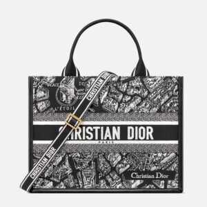 Dior Book Tote with Strap In Plan de Paris Motif Canvas and Calfskin Black