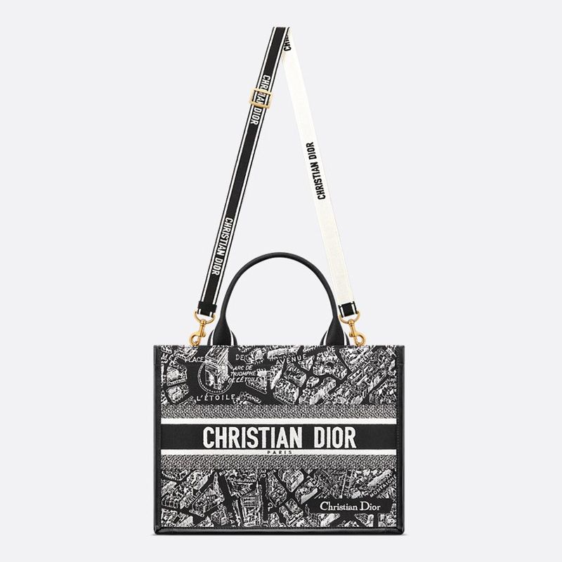 Dior Book Tote with Strap In Plan de Paris Motif Canvas and Calfskin Black - Image 5