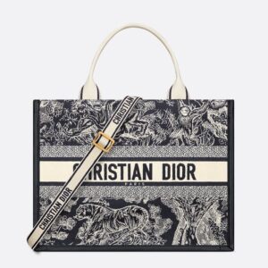 Dior Book Tote with Strap In Toile De Jouy Motif Canvas and Calfskin Black