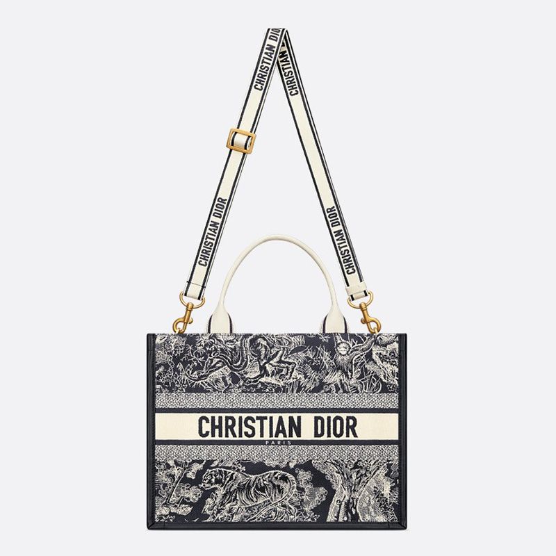Dior Book Tote with Strap In Toile De Jouy Motif Canvas and Calfskin Black - Image 5