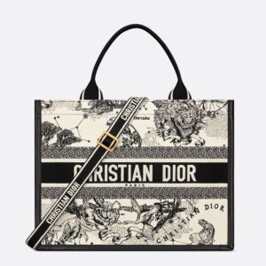 Dior Book Tote with Strap In Toile de Jouy Zodiac Motif Canvas and Calfskin White