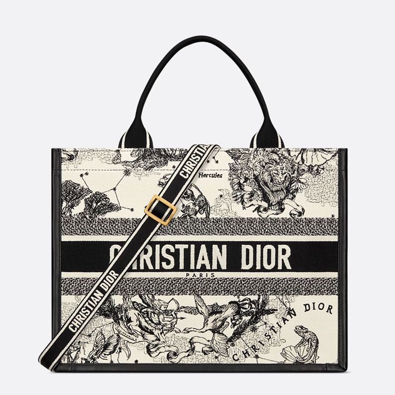 Dior Book Tote with Strap In Toile de Jouy Zodiac Motif Canvas and Calfskin White